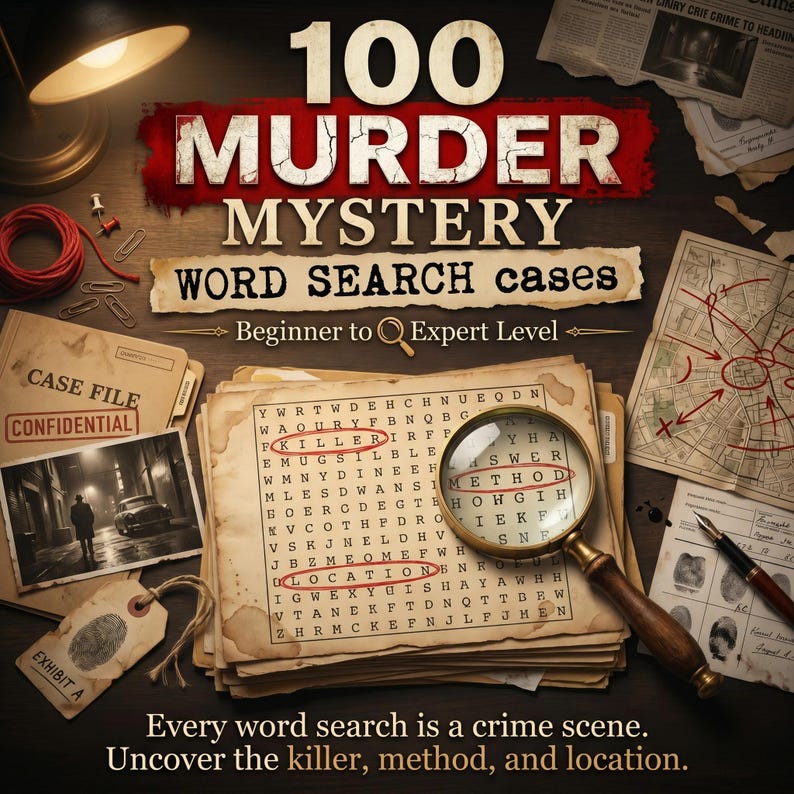 Puede incluir: Una imagen de un libro de b&uacute;squeda de palabras con tem&aacute;tica de crimen titulado "100 Murder Mystery Word Search Cases". La imagen presenta una lupa sobre una b&uacute;squeda de palabras, archivos de casos, mapas y el texto "Every word search is a crime scene."
