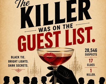 May include: A name elimination murder mystery puzzle game titled The Killer Was On The Guest List. The graphic features a cocktail glass with a red lipstick mark, a gloved hand, and silhouettes of people in formal attire on a beige background.