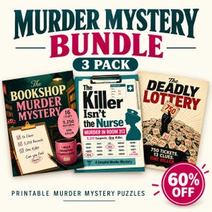 Może przedstawiać: Zestaw 3 gier kryminalnych typu murder mystery, zawierający gry do druku: The Bookshop Murder Mystery, The Killer Isn't the Nurse oraz The Deadly Lottery. Komplet zawiera wskazówki, listy podejrzanych oraz tematyczne grafiki.