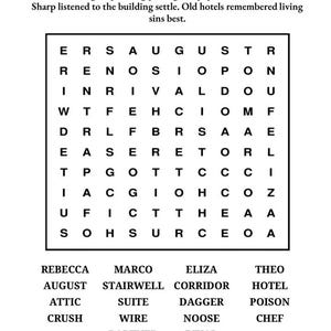 Puede incluir: Un rompecabezas de b&uacute;squeda de palabras titulado "The Haunted Hotel" con una cuadr&iacute;cula de letras y una lista de palabras para encontrar. El rompecabezas incluye pistas y una secci&oacute;n para completar el asesino, el m&eacute;todo y la ubicaci&oacute;n. El texto "Case No. 51" est&aacute; en la parte superior.