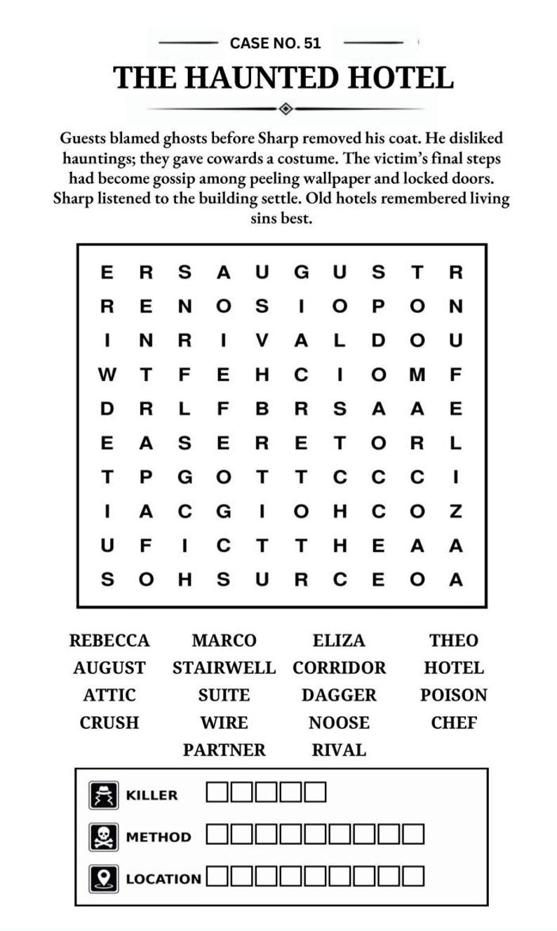 Puede incluir: Un rompecabezas de b&uacute;squeda de palabras titulado "The Haunted Hotel" con una cuadr&iacute;cula de letras y una lista de palabras para encontrar. El rompecabezas incluye pistas y una secci&oacute;n para completar el asesino, el m&eacute;todo y la ubicaci&oacute;n. El texto "Case No. 51" est&aacute; en la parte superior.