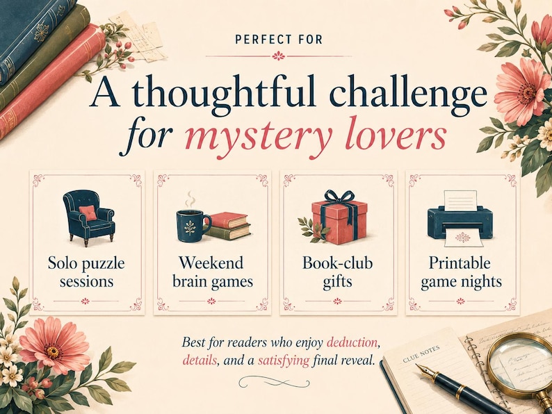 Op de afbeelding: Een afbeelding met de tekst A thoughtful challenge for mystery lovers, met vier ge&iuml;llustreerde panelen: een blauwe fauteuil, een mok met boeken, een rood cadeau en een printer. Onderaan staat de tekst Best for readers who enjoy deduction, details, and a satisfying final reveal, naast een notitieboek en een vergrootglas.