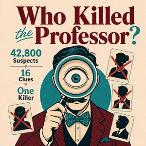 Professormordgåta: Vem dödade professorn? Vuxenlogik elimineringsspel, 42800 misstänkta, Hitta mördaren. Utskrivbar PDF