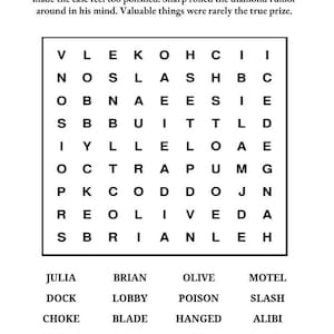 Puede incluir: Un rompecabezas de b&uacute;squeda de palabras titulado "The Drowned Diamond" con una cuadr&iacute;cula de letras y una lista de palabras debajo. El rompecabezas incluye pistas para el asesino, el m&eacute;todo y la ubicaci&oacute;n, con espacios en blanco.