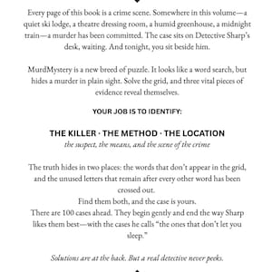 Puede incluir: P&aacute;gina de libro blanca con el t&iacute;tulo "WELCOME, DETECTIVE!". El texto describe un juego de rompecabezas de misterio de asesinato. Explica c&oacute;mo identificar al asesino, el m&eacute;todo y el lugar.
