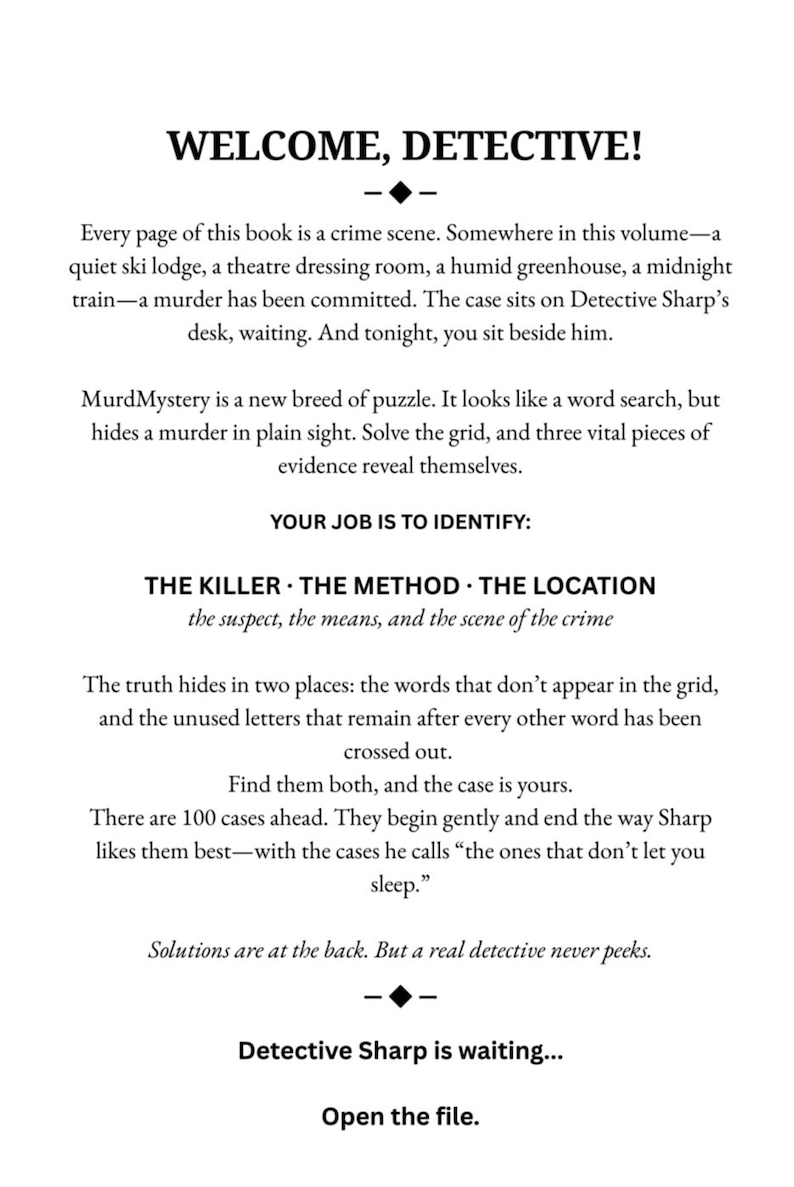 Puede incluir: P&aacute;gina de libro blanca con el t&iacute;tulo "WELCOME, DETECTIVE!". El texto describe un juego de rompecabezas de misterio de asesinato. Explica c&oacute;mo identificar al asesino, el m&eacute;todo y el lugar.