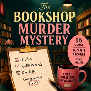 Het moordmysterie in de boekwinkel, een logisch eliminatiespel met 16 aanwijzingen, 5250 platen en 1 moordenaar. Direct te downloaden als pdf.
