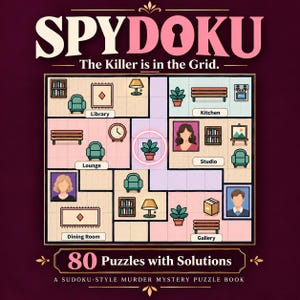 May include: A SpyDoku puzzle book cover with the text 'The Killer is in the Grid' and '80 Puzzles with Solutions'. The central graphic is a grid divided into rooms like Library, Lounge, Kitchen, Studio, Dining Room, and Gallery, featuring icons of furniture, plants, and portraits.