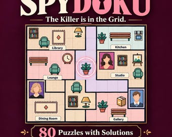 May include: A SpyDoku puzzle book cover with the text 'The Killer is in the Grid' and '80 Puzzles with Solutions'. The central graphic is a grid divided into rooms like Library, Lounge, Kitchen, Studio, Dining Room, and Gallery, featuring icons of furniture, plants, and portraits.
