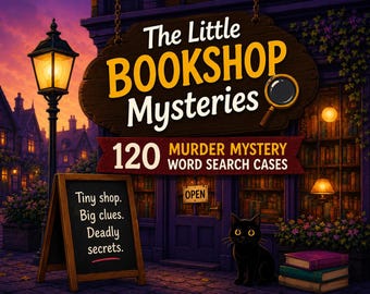 Könnte beinhalten: Ein Buchcover mit dem Titel The Little Bookshop Mysteries, einem Holzschild, einer Lupe und dem Text 120 Murder Mystery Word Search Cases. Ein Kreidetafelschild zeigt Tiny shop. Big clues. Deadly secrets. Eine schwarze Katze sitzt daneben.