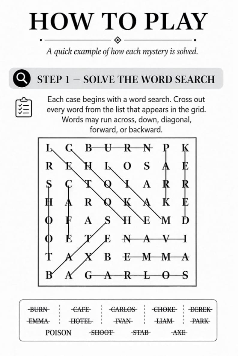 Puede incluir: Un rompecabezas de b&uacute;squeda de palabras en blanco y negro con el t&iacute;tulo "HOW TO PLAY". Las instrucciones explican c&oacute;mo resolver el rompecabezas. La cuadr&iacute;cula de b&uacute;squeda de palabras contiene letras y una lista de palabras para encontrar est&aacute; debajo.