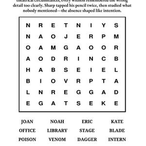 Puede incluir: Un rompecabezas de b&uacute;squeda de palabras titulado "The Missing Memory" con un tema de detective. Incluye una cuadr&iacute;cula de letras, pistas y secciones para completar para "Killer", "Method" y "Location".
