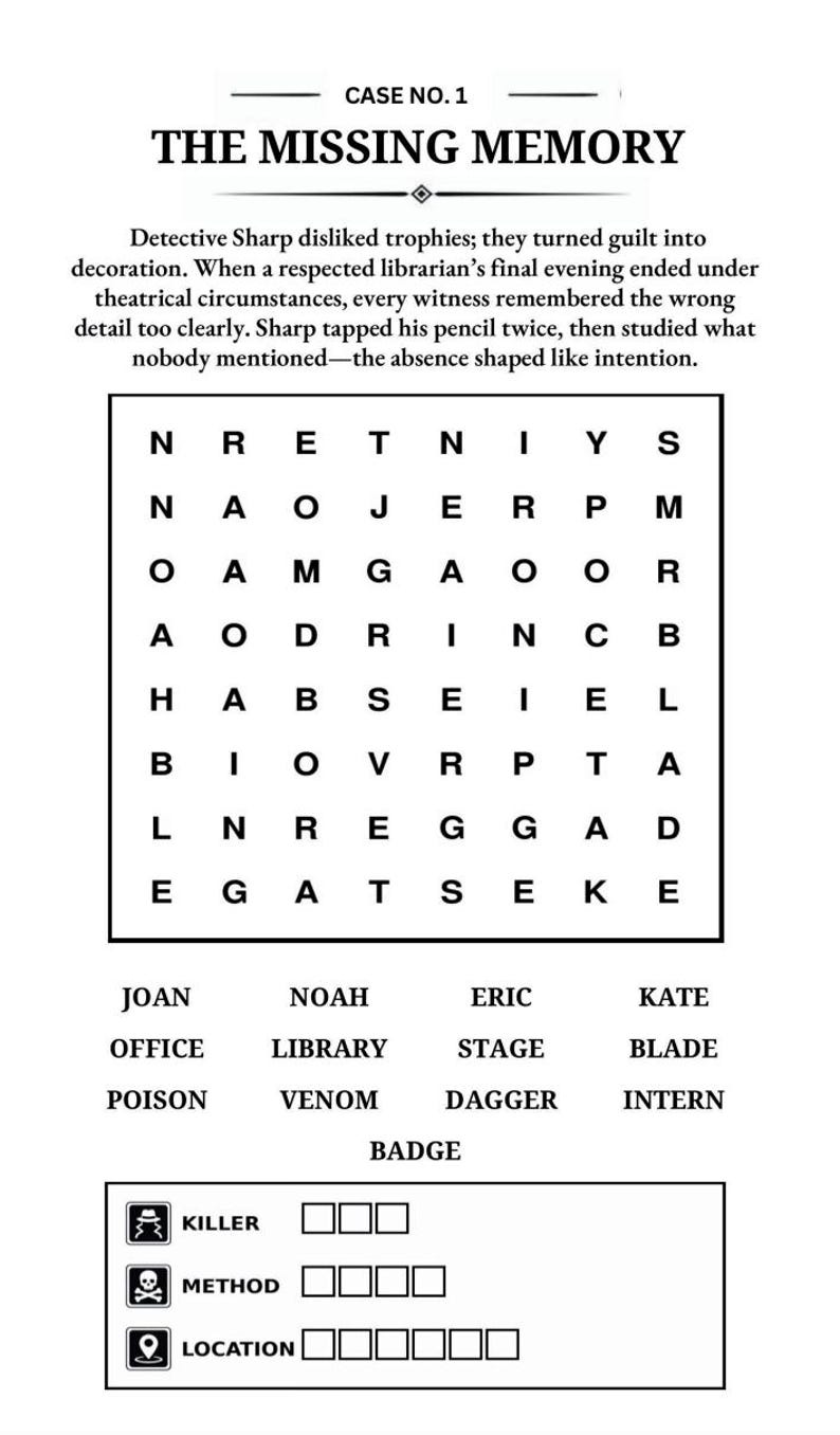 Puede incluir: Un rompecabezas de b&uacute;squeda de palabras titulado "The Missing Memory" con un tema de detective. Incluye una cuadr&iacute;cula de letras, pistas y secciones para completar para "Killer", "Method" y "Location".