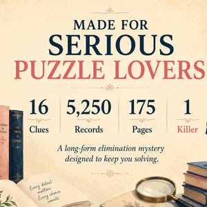 Op de afbeelding: Een boekomslag met de tekst MADE FOR SERIOUS PUZZLE LOVERS, 16 Clues, 5,250 Records, 175 Pages, 1 Killer en A long-form elimination mystery designed to keep you solving. Bevat illustraties van boeken, een vergrootglas en een kat.