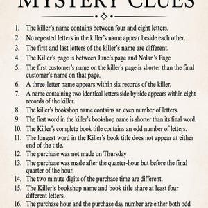 Op de afbeelding: Een gedrukt document getiteld MYSTERY CLUES met zestien genummerde logische puzzelinstructies. De tekst is zwart op een cr&egrave;mekleurige achtergrond, versierd met een boekpictogram bovenaan en een inktpot met een ganzenveer onderaan.