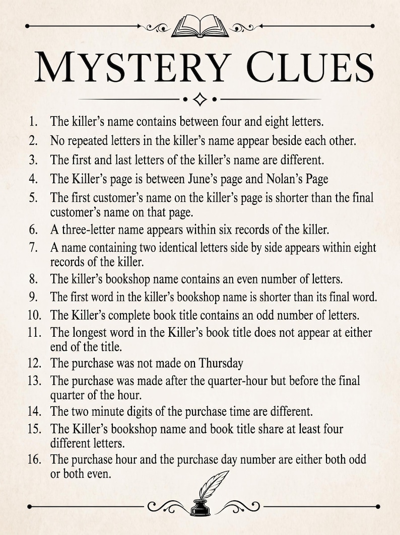 Op de afbeelding: Een gedrukt document getiteld MYSTERY CLUES met zestien genummerde logische puzzelinstructies. De tekst is zwart op een cr&egrave;mekleurige achtergrond, versierd met een boekpictogram bovenaan en een inktpot met een ganzenveer onderaan.