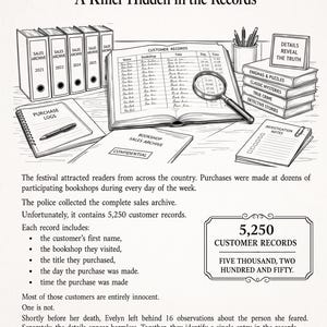 Op de afbeelding: Een zwart-witillustratie getiteld A Killer Hidden in the Records, met een bureau vol verkoopmappen, een vergrootglas op een klantenboek, een pen, onderzoeksnotities en een stapel boeken met titels over mysterie en misdaad.