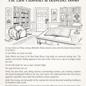 Op de afbeelding: Een zwart-wit lijntekening getiteld The Last Customer at Bellwether Books, met het interieur van een boekhandel met boekenplanken, een omgevallen stoel, een bureau met een open klantenregister en een afgesloten deur met Rare Books Room.