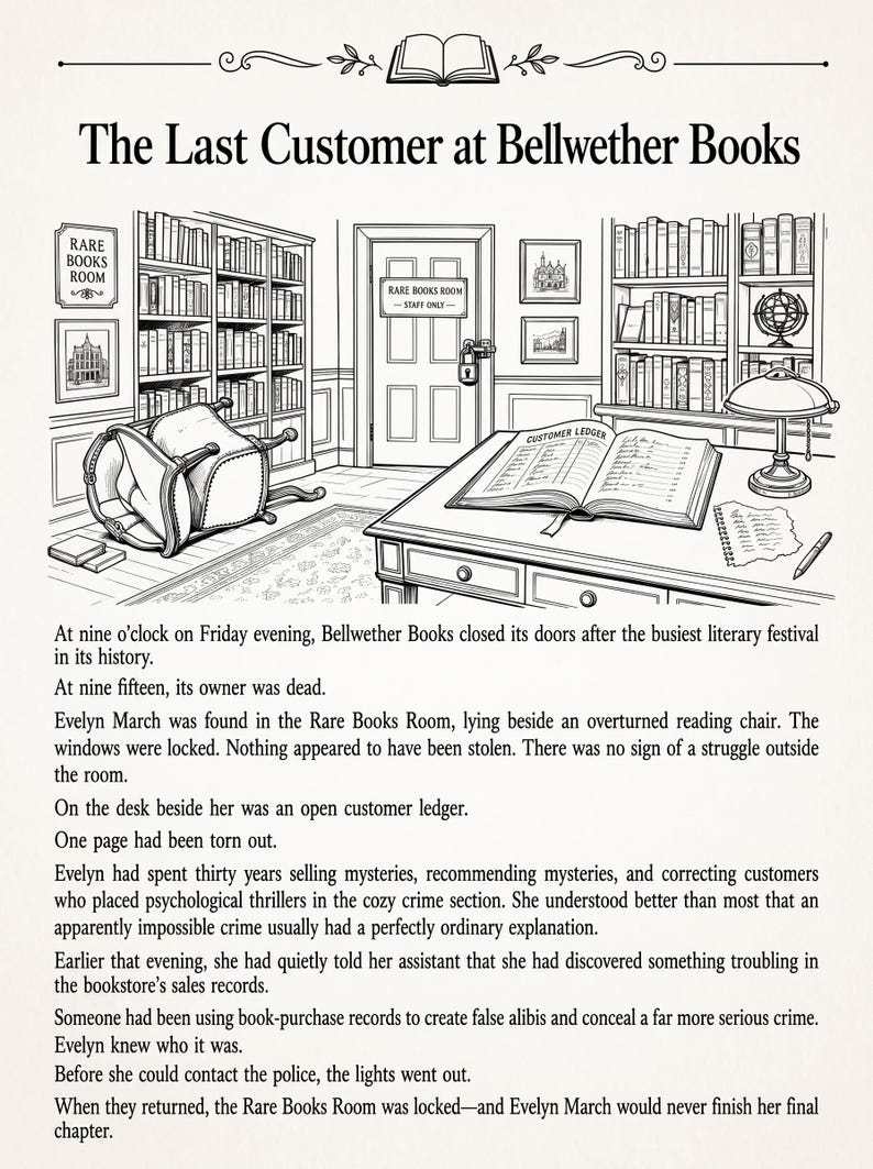 Op de afbeelding: Een zwart-wit lijntekening getiteld The Last Customer at Bellwether Books, met het interieur van een boekhandel met boekenplanken, een omgevallen stoel, een bureau met een open klantenregister en een afgesloten deur met Rare Books Room.