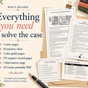 Op de afbeelding: Een printbare mysterie-puzzelset met verhaalpagina's, 16 aanwijzingen, 3 gidsen, 175 verdachtenlijsten en een antwoordpagina. De tekst luidt Everything you need to solve the case en bevat een vulpen.