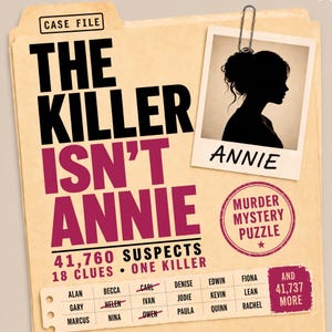 Peut inclure: Un dossier beige marqué CASE FILE avec le texte THE KILLER ISN'T ANNIE en noir et magenta. Il comprend un polaroïd d'une silhouette étiqueté ANNIE, un tampon circulaire MURDER MYSTERY PUZZLE et une liste de noms dont certains sont barrés.