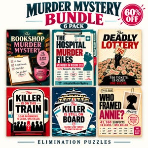 May include: A murder mystery bundle featuring six distinct game packs: The Bookshop Murder Mystery, The Hospital Murder Files, The Deadly Lottery, The Killer Is On This Train, The Killer Is Still On Board, and Who Framed Annie, all presented as elimination puzzles.