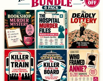 May include: A murder mystery bundle featuring six distinct game packs: The Bookshop Murder Mystery, The Hospital Murder Files, The Deadly Lottery, The Killer Is On This Train, The Killer Is Still On Board, and Who Framed Annie, all presented as elimination puzzles.
