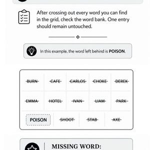 Puede incluir: Una p&aacute;gina de rompecabezas en blanco y negro con el t&iacute;tulo "PASO 2 - ENCUENTRA LA PALABRA QUE FALTA". Las instrucciones explican c&oacute;mo encontrar la palabra que falta. El ejemplo muestra la palabra "POISON" como respuesta.