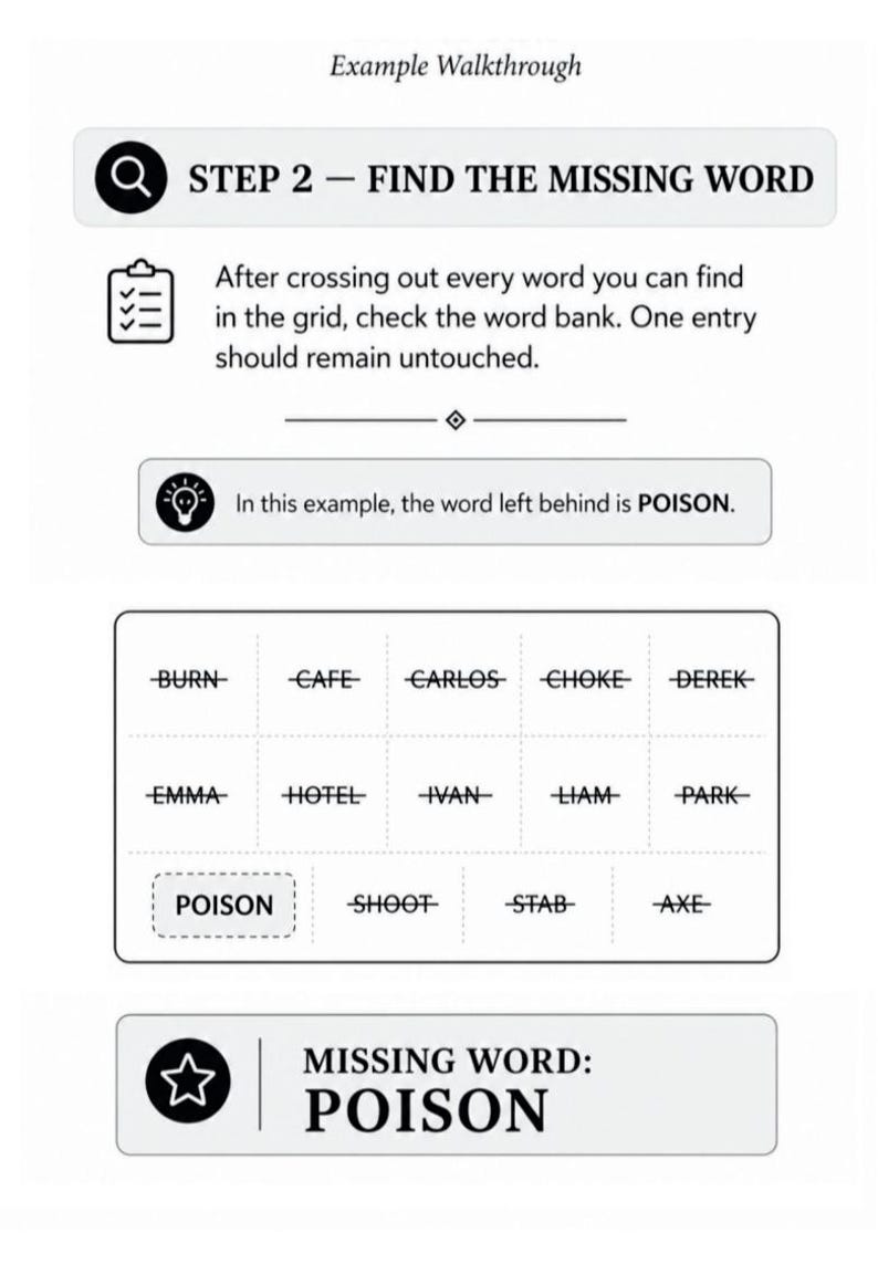 Puede incluir: Una p&aacute;gina de rompecabezas en blanco y negro con el t&iacute;tulo "PASO 2 - ENCUENTRA LA PALABRA QUE FALTA". Las instrucciones explican c&oacute;mo encontrar la palabra que falta. El ejemplo muestra la palabra "POISON" como respuesta.