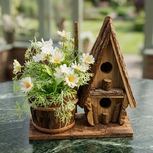 Rustic Wood-Bark Birdhouse with Built-in Planter - Decorative Garden Nesting Box - Outdoor Tabletop Decor - Unique Gift for Gardeners