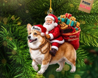 Santa Riding Corgi Christmas Ornament, Funny Dog Tree Hanging Decoration, Holiday Pet Gift, Custom Rottweiler Dog Ornament