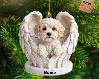 Personalized Bichon Frise Angle Wings Ornament, Dog Sleeping Angel Wings Ornament, Custom Memorial Pet Ornament, Holiday Tree Decor