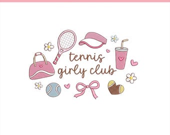 Tennis Girly Club Machine Embroidery File, Game Day Sport Design, Preppy Tennis with Coquette Bow Machine File, 5 sizes