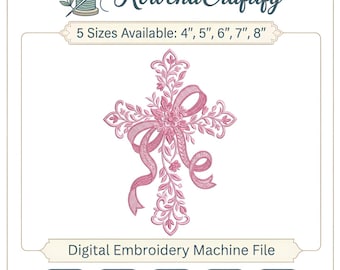 Floral Cross Embroidery Design, Coquette Ribbon Cross PES File, Dainty Christian Machine Embroidery, Flower Bow Cross for T-shirts DST EXP