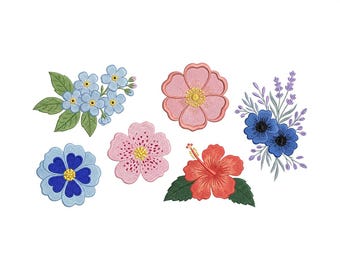 Set 6 Floral Boho Embroidery Design, Flower Embroidery Machine File, Cottagecore Flower Embroidery Files, Spings Botanical Flower, 5 Sizes