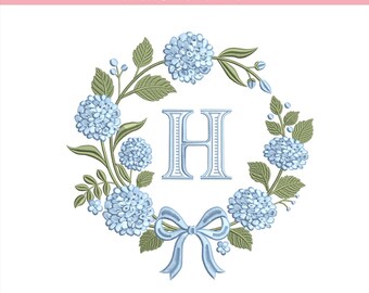 Blue Hydrangea Monogram Frame Embroidery Design, Floral Wreath Monogram Frame with Bow, Elegant Flower Letter Frame, 5 Sizes PES DST Files