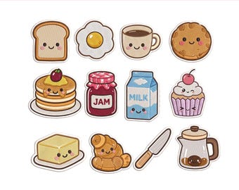 Set 12 Kawaii Breakfast Embroidery Machine Files, Cute Bakery Embroidery Design, Cute Food Pancakes, Toast, Coffee, Cookie, 5 sizes