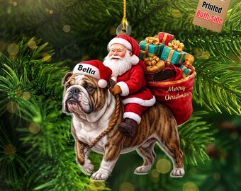 Santa Riding English Bulldog Christmas Ornament, Funny Dog Tree Hanging Decoration, Holiday Pet Gift, Custom Rottweiler Dog Ornament