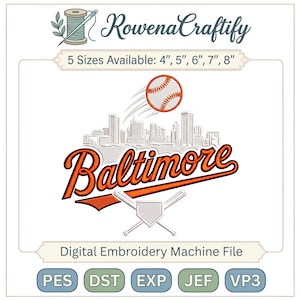 以下が含まれることがあります： オレンジ色の文字で「Baltimore」と野球ボール、街並みが描かれたデジタル刺繍ミシンファイル。5つのサイズ（10.16cm、12.7cm、15.24cm、17.78cm、20.32cm）で利用可能。PES、DST、EXP、JEF、VP3ファイル形式が含まれています。