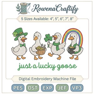 May include: Digital embroidery machine file featuring four cartoon geese with St. Patrick's Day themes. One goose wears a green hat and bow tie, another carries a basket of gold, and another holds a shamrock. The text reads "just a lucky goose."