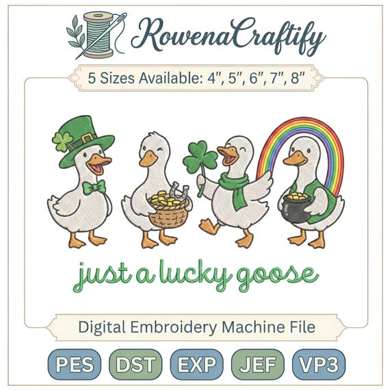 St Patricks Day Goose Embroidery Design, Lucky Goose Machine Embroidery File, Shamrock Rainbow Pot of Gold, Lucky Charm PES DST JEF