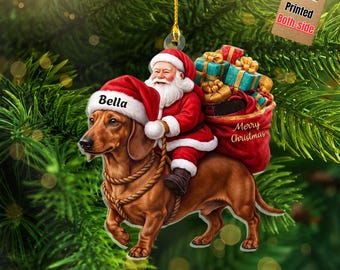 Santa Riding Dachshund Christmas Ornament, Funny Dog Tree Hanging Decoration, Holiday Pet Gift, Custom Rottweiler Dog Ornament