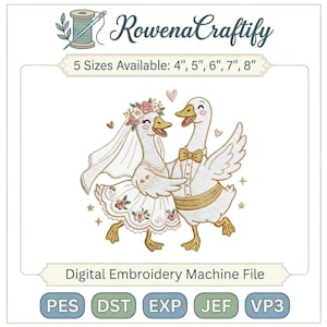 Puede incluir: Archivo digital para máquina de bordar con un diseño de boda. Representa dos gansos, uno con vestido de novia y velo, el otro con esmoquin y pajarita. Disponible en 5 tamaños: 10 cm, 13 cm, 15 cm, 18 cm y 20 cm.
