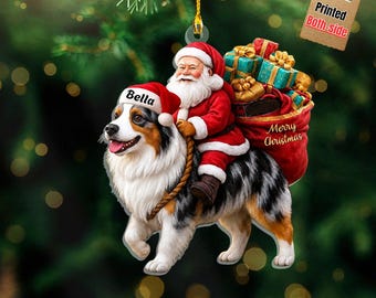 Santa Riding Australian Shepherd Christmas Ornament, Funny Dog Tree Hanging Decoration, Holiday Pet Gift, Custom Rottweiler Dog Ornament