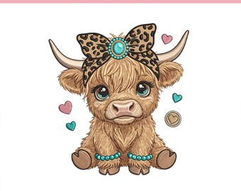 Leopard Highland Cow Embroidery Design, Highland Cow Coquette Bow Embroidery Design, Floral Farm Animal Machine File, 5 sizes