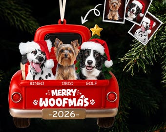 Personalized Dog Christmas Ornament, Merry Woofmas Pet Ornament, Holiday Tree Decor, Dog in Car Keepsake, Gift for Dog Lovers, Pet Keepsake