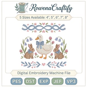 Può includere: File digitale per ricamo a macchina con un'anatra e due conigli, tutti con fiocchi blu, circondati da fiori. Il design include il testo "Rowena Craftify" e "5 Sizes Available: 4", 5", 6", 7", 8" .