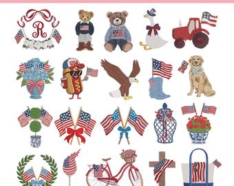 Set 20 4th of July Embroidery Designs, American Flag Embroidery Design, Patriotic Flag Embroidery Design, Teddy Bear Embroidery, 5 Sizes