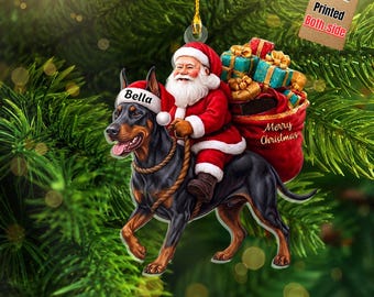 Santa Riding Doberman Christmas Ornament, Funny Dog Tree Hanging Decoration, Holiday Pet Gift, Custom Rottweiler Dog Ornament