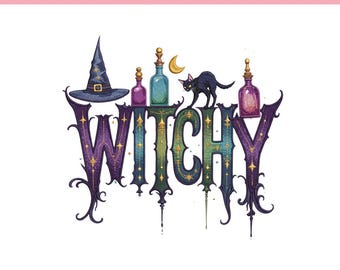 Witchy Embroidery File: Black Cat, Witch Hat, Potion Bottles (5 Sizes)